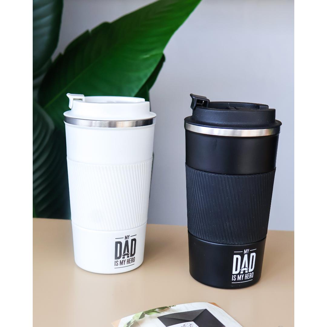Two insulated travel tumblers, both printed with the text 'MY DAD IS MY HERO'.