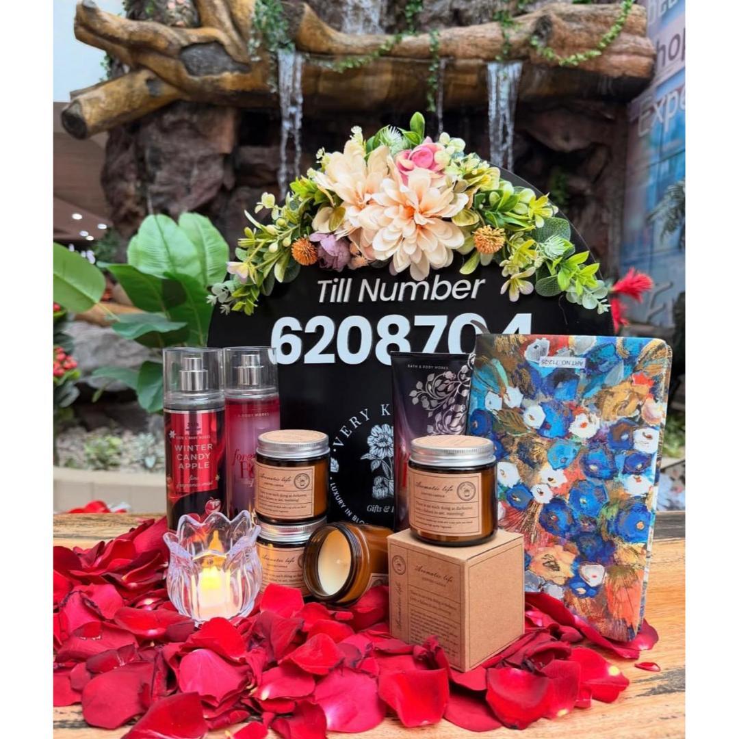 Perfume, scented candles, and floral gift set delivery in Nairobi by Very Kenyan.