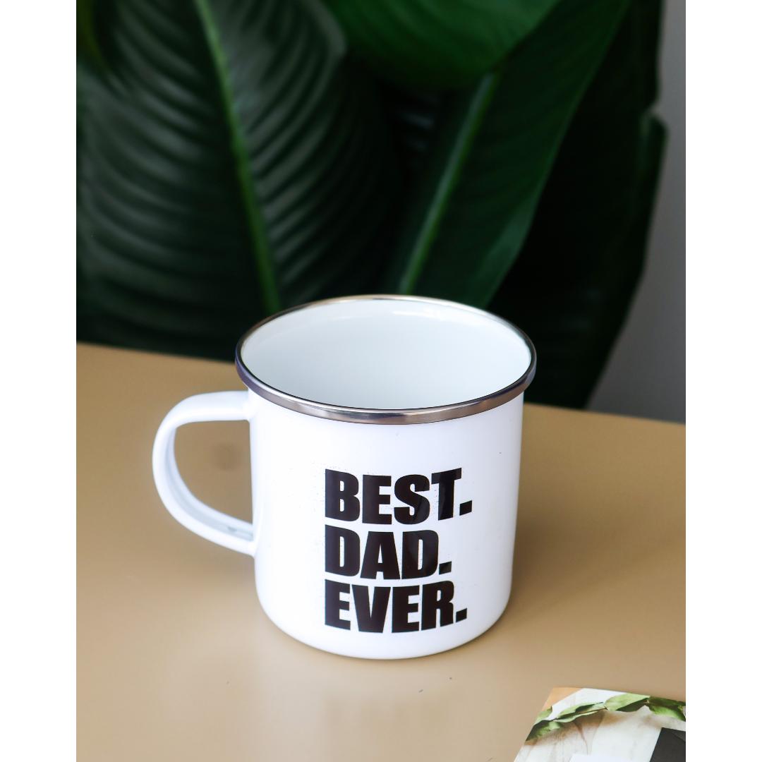 A white enamel-style mug with a silver rim and the words 'BEST DAD EVER'.