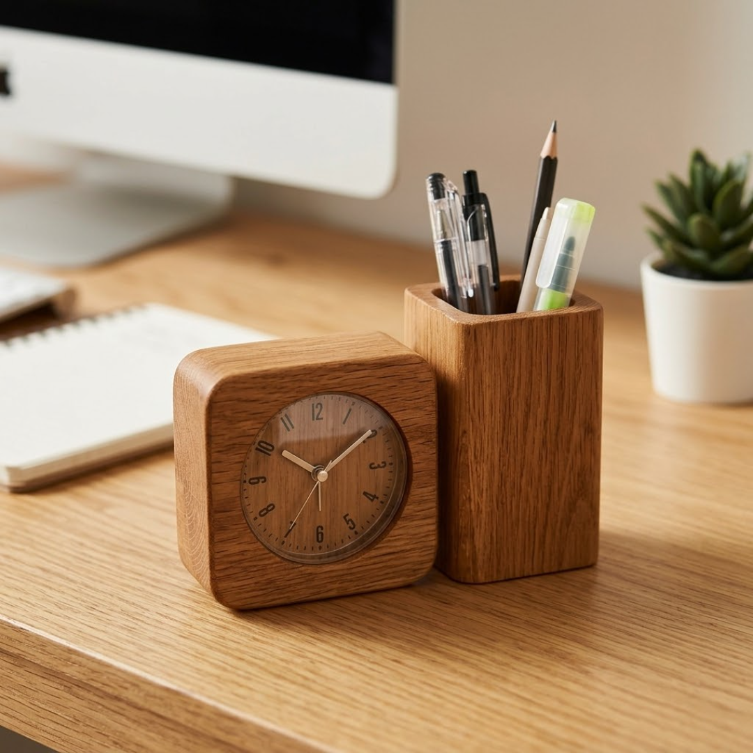 Custom Branded Wooden Desk Clock with Pen Holder
