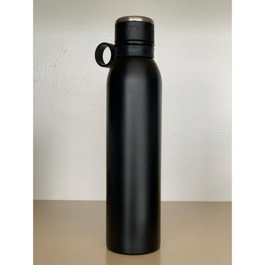 A matte black insulated water bottle with a matching black loop handle.