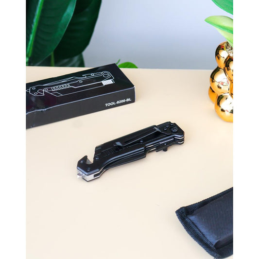 A black multi-tool pocket knife.