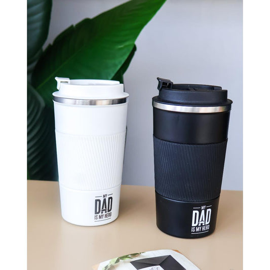 Two insulated travel tumblers, both printed with the text 'MY DAD IS MY HERO'.